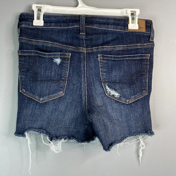 AMERICAN EAGLE Hi-Rise Shortie Shorts Blue Dark Wash Distressed Cutoffs Size 6 - Picture 6 of 11